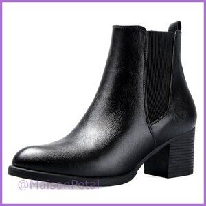 Chunky Block Heel Slip On Ankle Boots with Elastic Sided PU Material